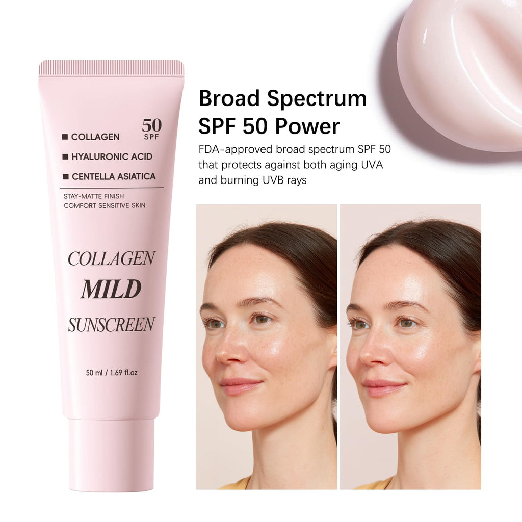 Collagen Mild Sunscreen SPF 50 for Face, Broad Spectrum Protection, Hydrating Facial Sunscreen with Peptides & Cica, Lightweight Non-Greasy, No White Cast, Natural Glow, Travel Size (2 PCS) - Maple Wellness Supplements