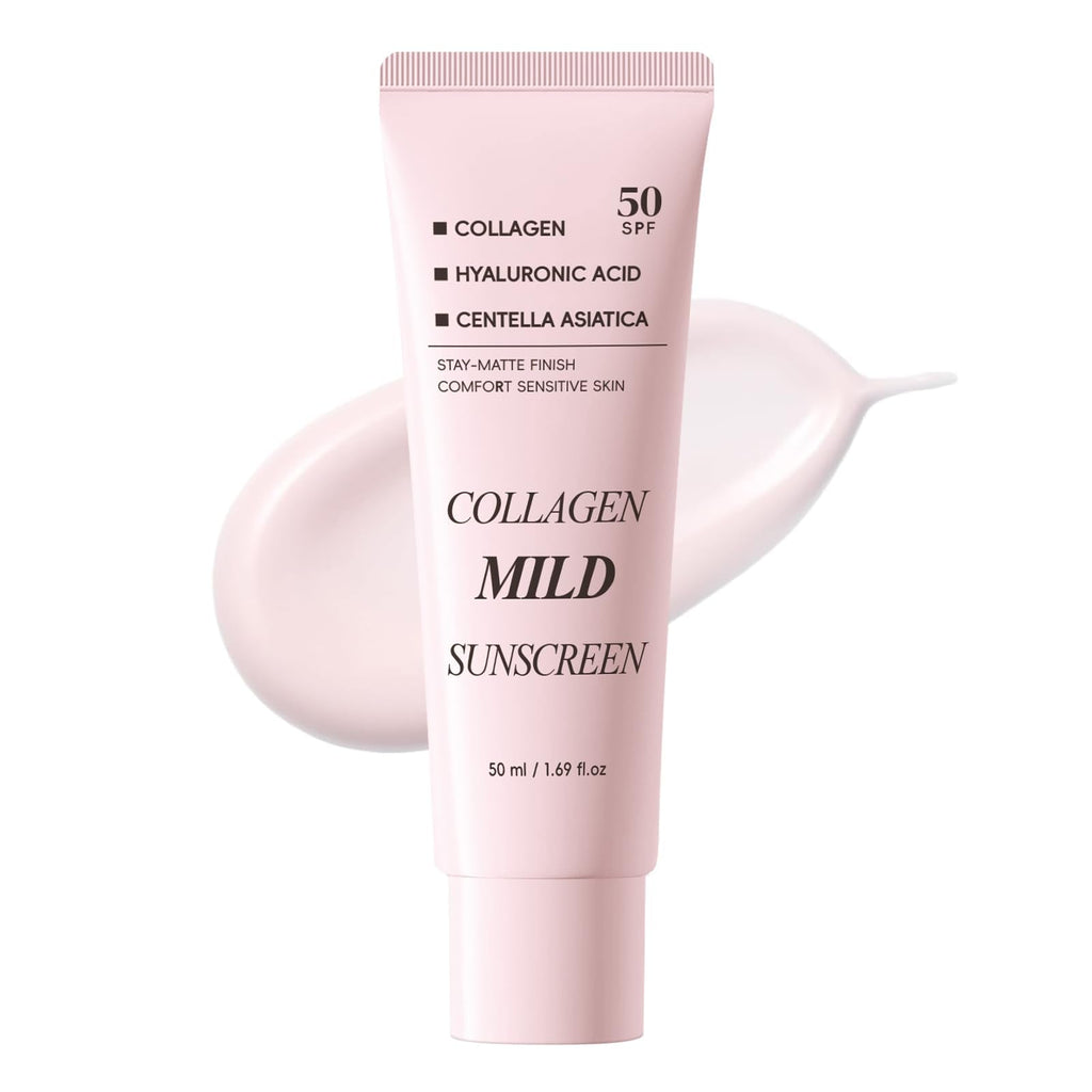 Collagen Mild Sunscreen SPF 50 for Face, Broad Spectrum Protection, Hydrating Facial Sunscreen with Peptides & Cica, Lightweight Non-Greasy, No White Cast, Natural Glow, Travel Size (2 PCS) - Maple Wellness Supplements