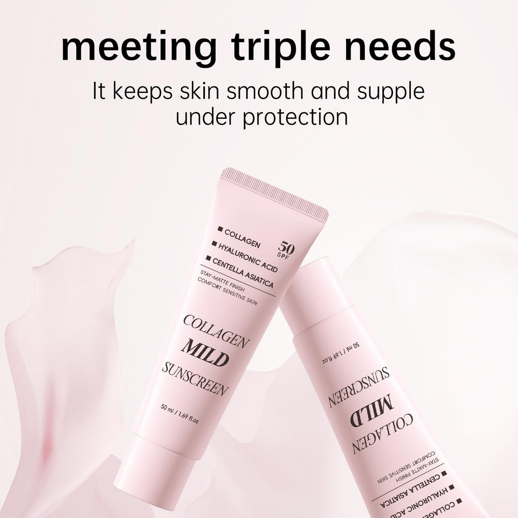 Collagen Mild Sunscreen SPF 50 for Face, Broad Spectrum Protection, Hydrating Facial Sunscreen with Peptides & Cica, Lightweight Non-Greasy, No White Cast, Natural Glow, Travel Size (2 PCS) - Maple Wellness Supplements