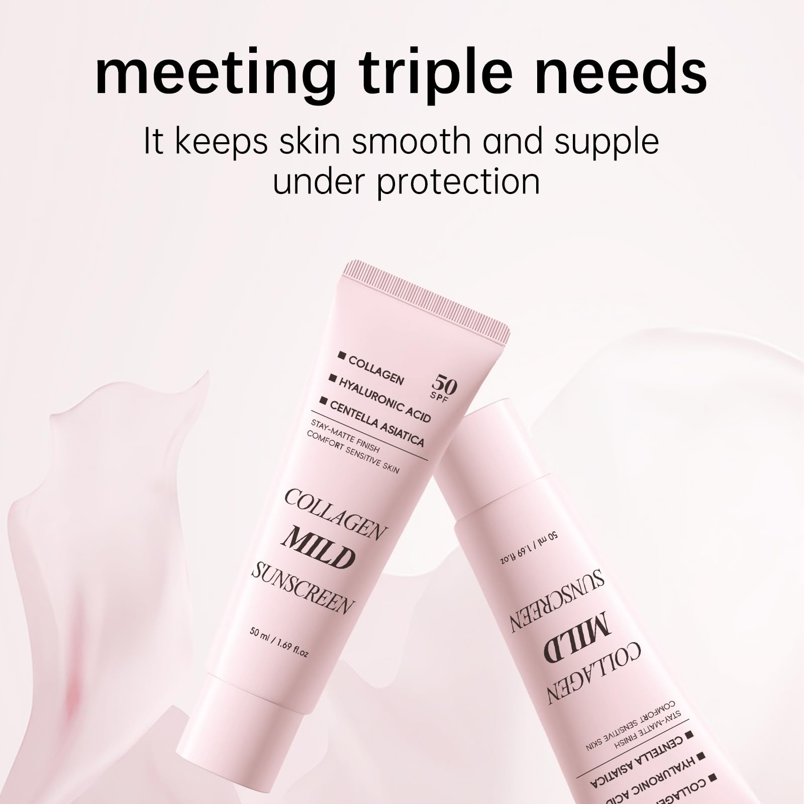 Collagen Mild Sunscreen SPF 50 for Face, Broad Spectrum Protection, Hydrating Facial Sunscreen with Peptides & Cica, Lightweight Non-Greasy, No White Cast, Natural Glow, Travel Size (2 PCS) - Maple Wellness Supplements