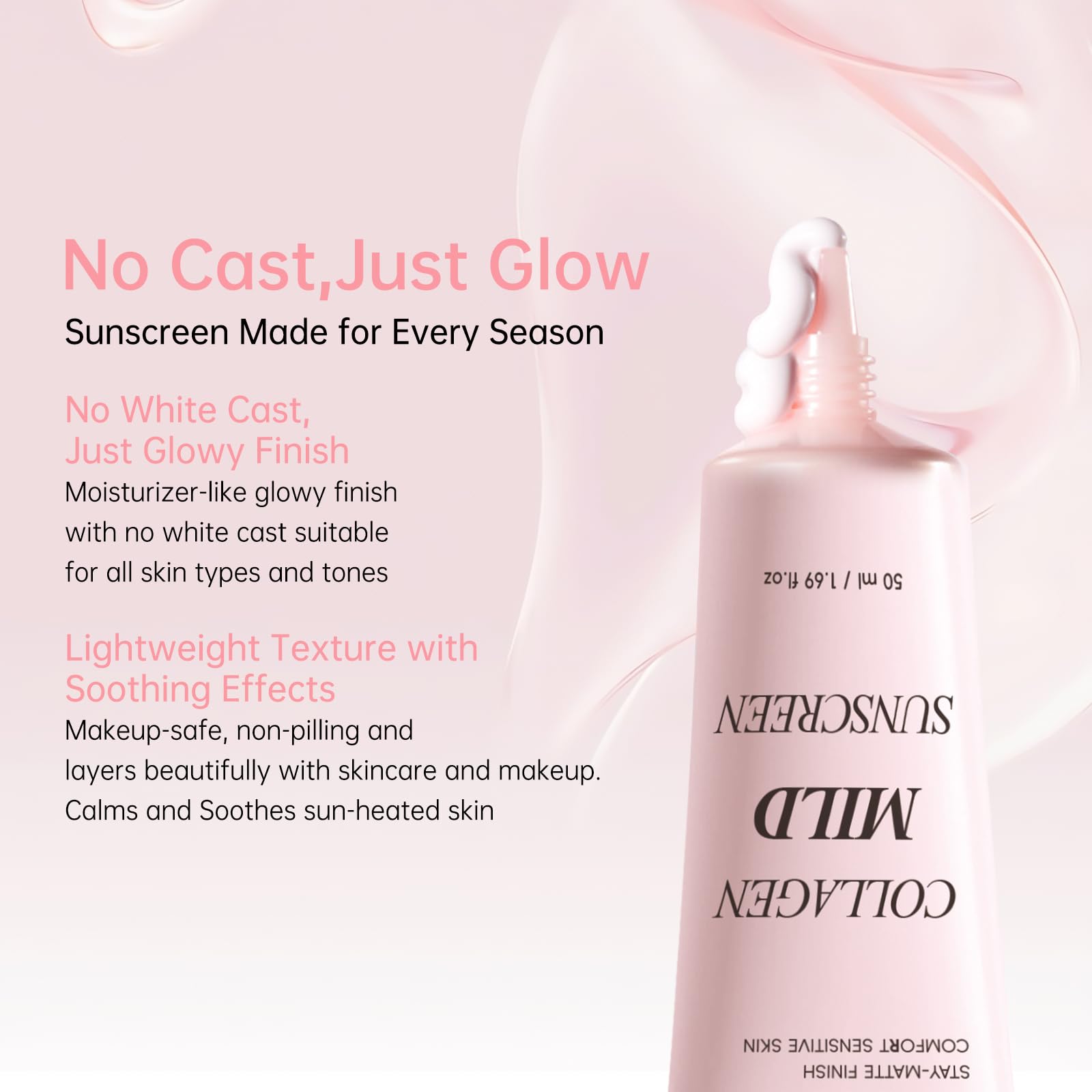 Collagen Mild Sunscreen SPF 50 for Face, Broad Spectrum Protection, Hydrating Facial Sunscreen with Peptides & Cica, Lightweight Non-Greasy, No White Cast, Natural Glow, Travel Size (2 PCS) - Maple Wellness Supplements