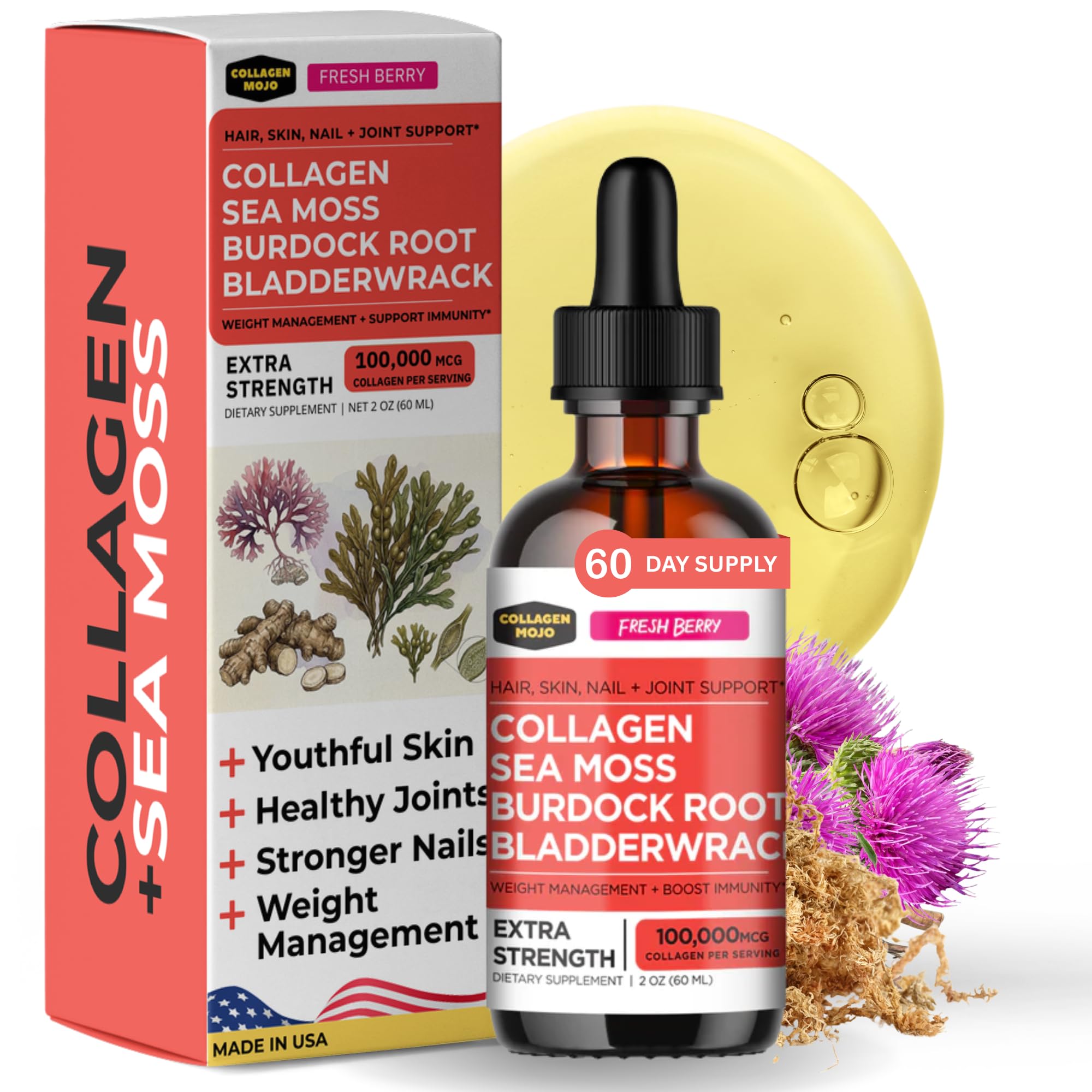 Collagen Mojo - Liquid Collagen with Irish Sea Moss for Women & Men - Collagen Peptides Drops with Burdock Root & Bladderwrack - Hair, Skin, Nails, Joint & Weight Management - 100,000mcg, 2 Oz - Maple Wellness Supplements