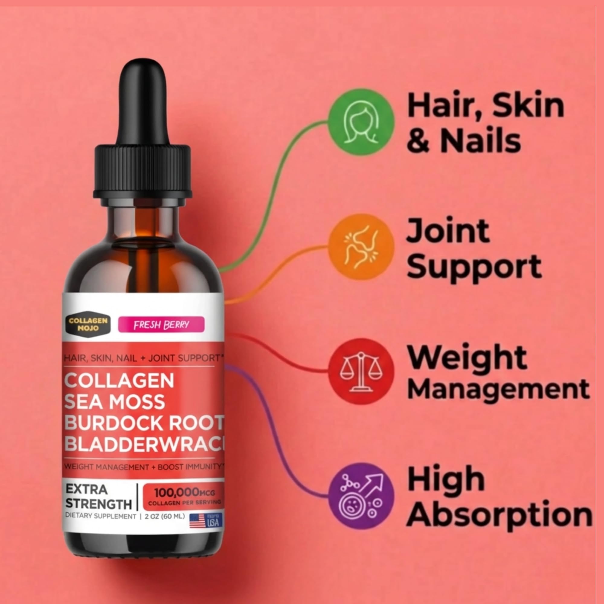 Collagen Mojo - Liquid Collagen with Irish Sea Moss for Women & Men - Collagen Peptides Drops with Burdock Root & Bladderwrack - Hair, Skin, Nails, Joint & Weight Management - 100,000mcg, 2 Oz - Maple Wellness Supplements
