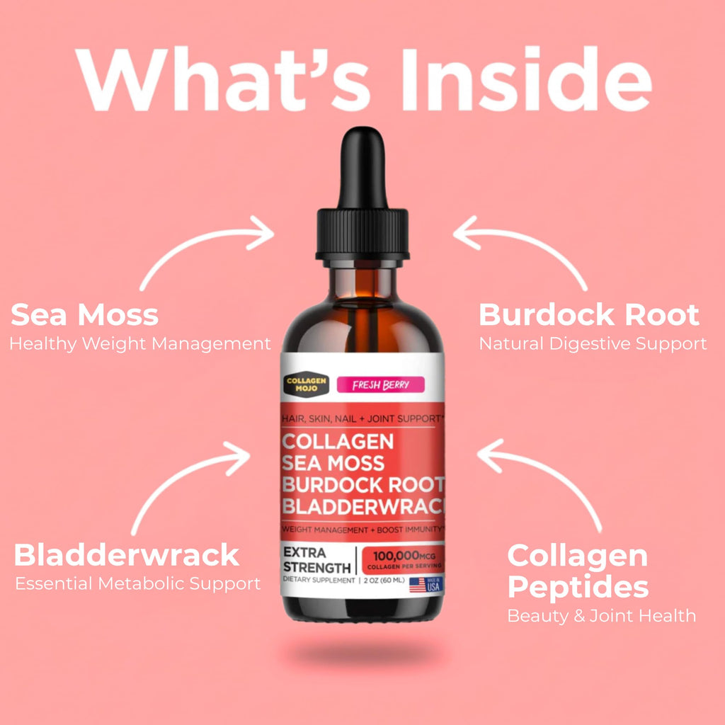 Collagen Mojo - Liquid Collagen with Irish Sea Moss for Women & Men - Collagen Peptides Drops with Burdock Root & Bladderwrack - Hair, Skin, Nails, Joint & Weight Management - 100,000mcg, 2 Oz - Maple Wellness Supplements