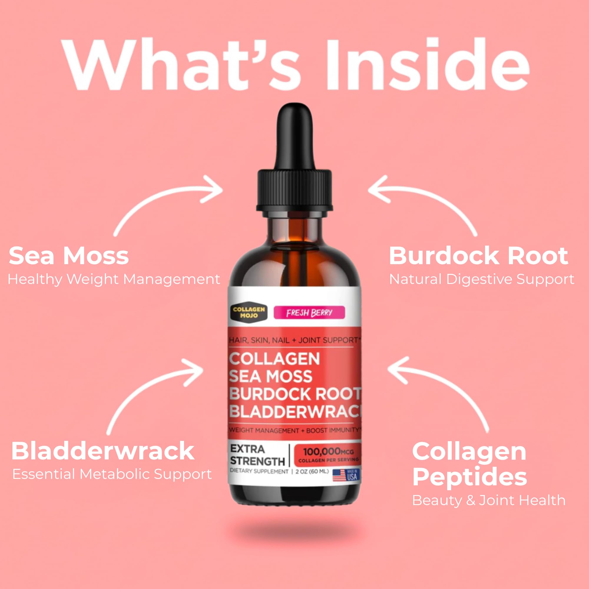 Collagen Mojo - Liquid Collagen with Irish Sea Moss for Women & Men - Collagen Peptides Drops with Burdock Root & Bladderwrack - Hair, Skin, Nails, Joint & Weight Management - 100,000mcg, 2 Oz - Maple Wellness Supplements