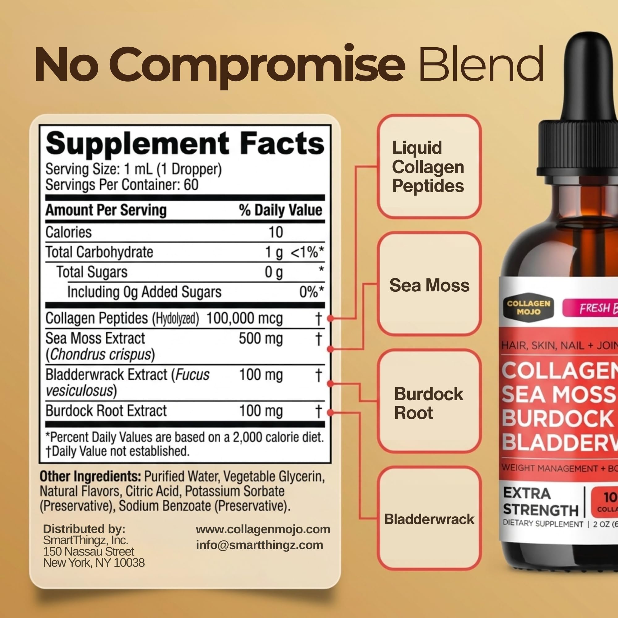 Collagen Mojo - Liquid Collagen with Irish Sea Moss for Women & Men - Collagen Peptides Drops with Burdock Root & Bladderwrack - Hair, Skin, Nails, Joint & Weight Management - 100,000mcg, 2 Oz - Maple Wellness Supplements
