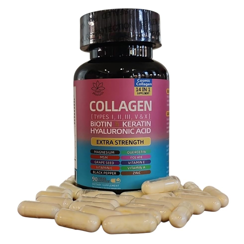 Collagen Peptides Types I, II, III, V & X, 64000 MCG, 14 in 1, Biotin, Keratin, Hyaluronic Acid, Magnesium, MSM, Grape Seed, Vitamin A C & E, Black Pepper, Quercetin, Folate, Zinc (90 Veggie Caps) - TrustMedUSA