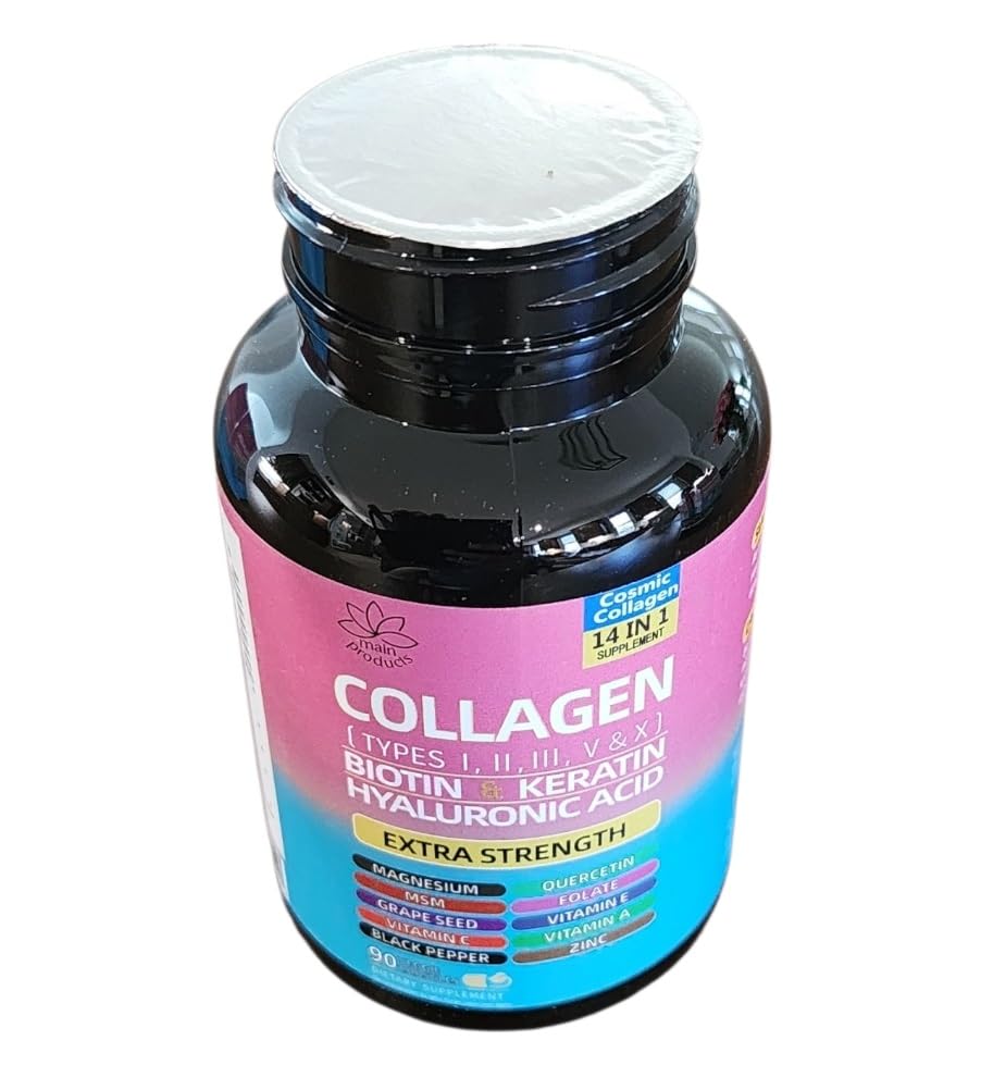 Collagen Peptides Types I, II, III, V & X, 64000 MCG, 14 in 1, Biotin, Keratin, Hyaluronic Acid, Magnesium, MSM, Grape Seed, Vitamin A C & E, Black Pepper, Quercetin, Folate, Zinc (90 Veggie Caps) - TrustMedUSA