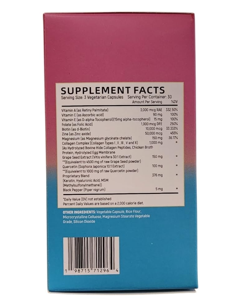Collagen Peptides Types I, II, III, V & X, 64000 MCG, 14 in 1, Biotin, Keratin, Hyaluronic Acid, Magnesium, MSM, Grape Seed, Vitamin A C & E, Black Pepper, Quercetin, Folate, Zinc (90 Veggie Caps) - TrustMedUSA