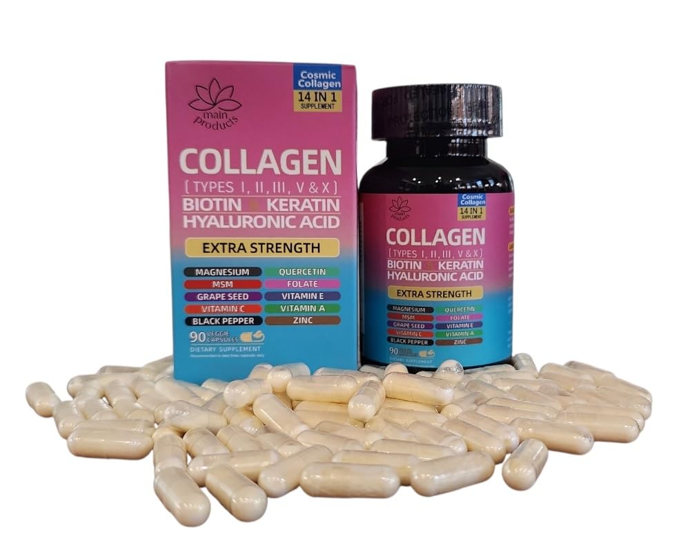 Collagen Peptides Types I, II, III, V & X, 64000 MCG, 14 in 1, Biotin, Keratin, Hyaluronic Acid, Magnesium, MSM, Grape Seed, Vitamin A C & E, Black Pepper, Quercetin, Folate, Zinc (90 Veggie Caps) - TrustMedUSA