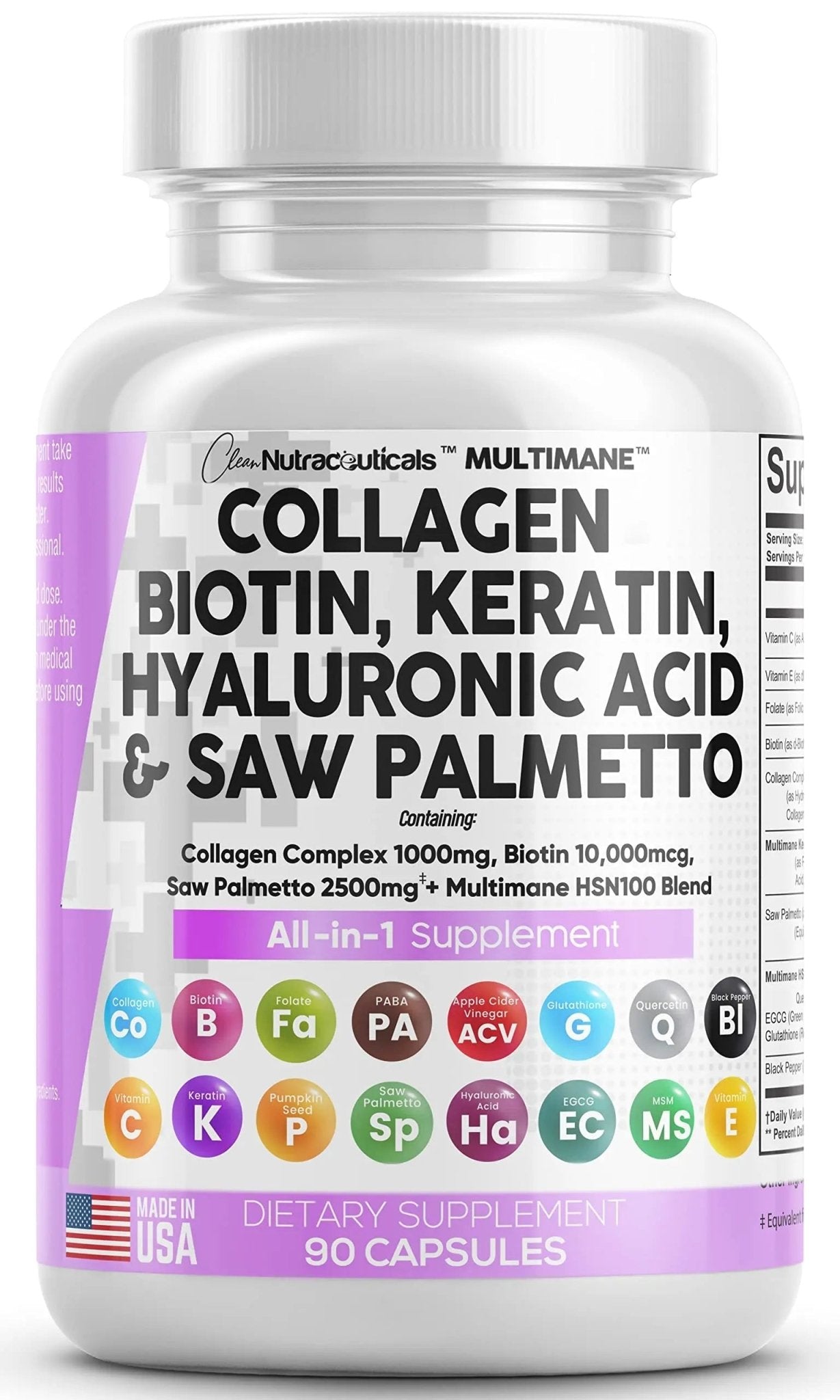 Collagen Pills 1000mg Biotin 10000mcg Keratin Saw Palmetto 2500mg 90 Ct - TrustMedUSA