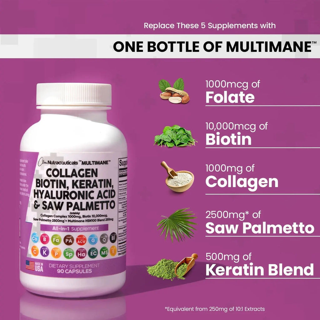 Collagen Pills 1000mg Biotin 10000mcg Keratin Saw Palmetto 2500mg 90 Ct - TrustMedUSA