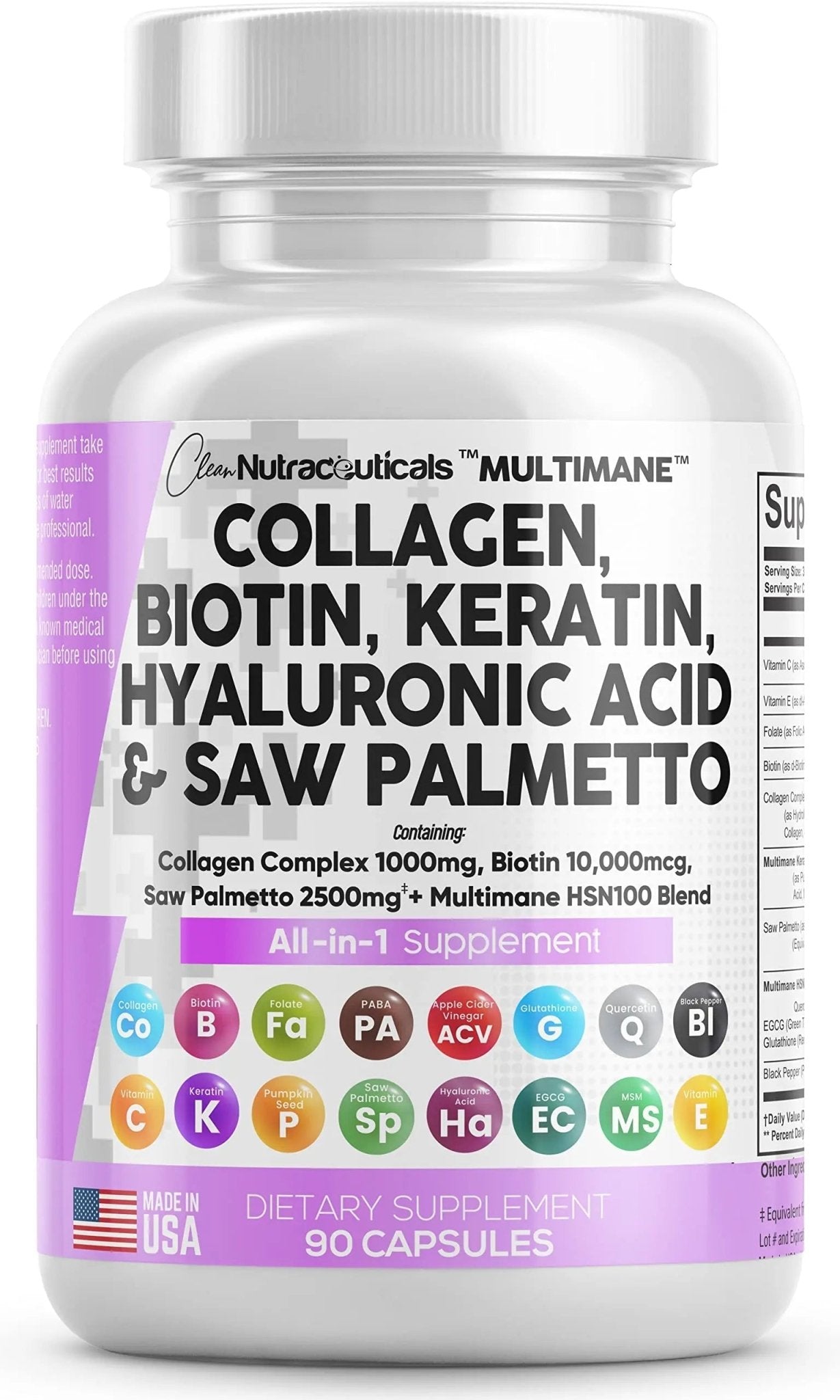 Collagen Pills 1000mg Biotin 10000mcg Keratin Saw Palmetto 2500mg 90 Ct - TrustMedUSA