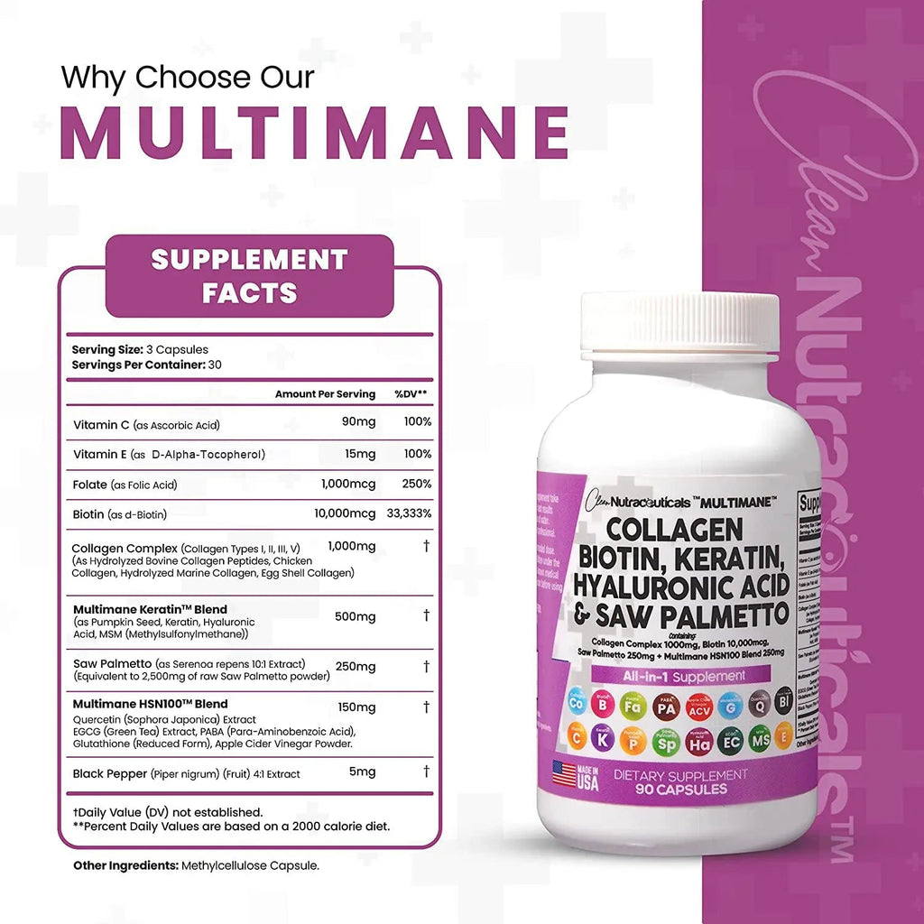 Collagen Pills 1000mg Biotin 10000mcg Keratin Saw Palmetto 2500mg 90 Ct - TrustMedUSA