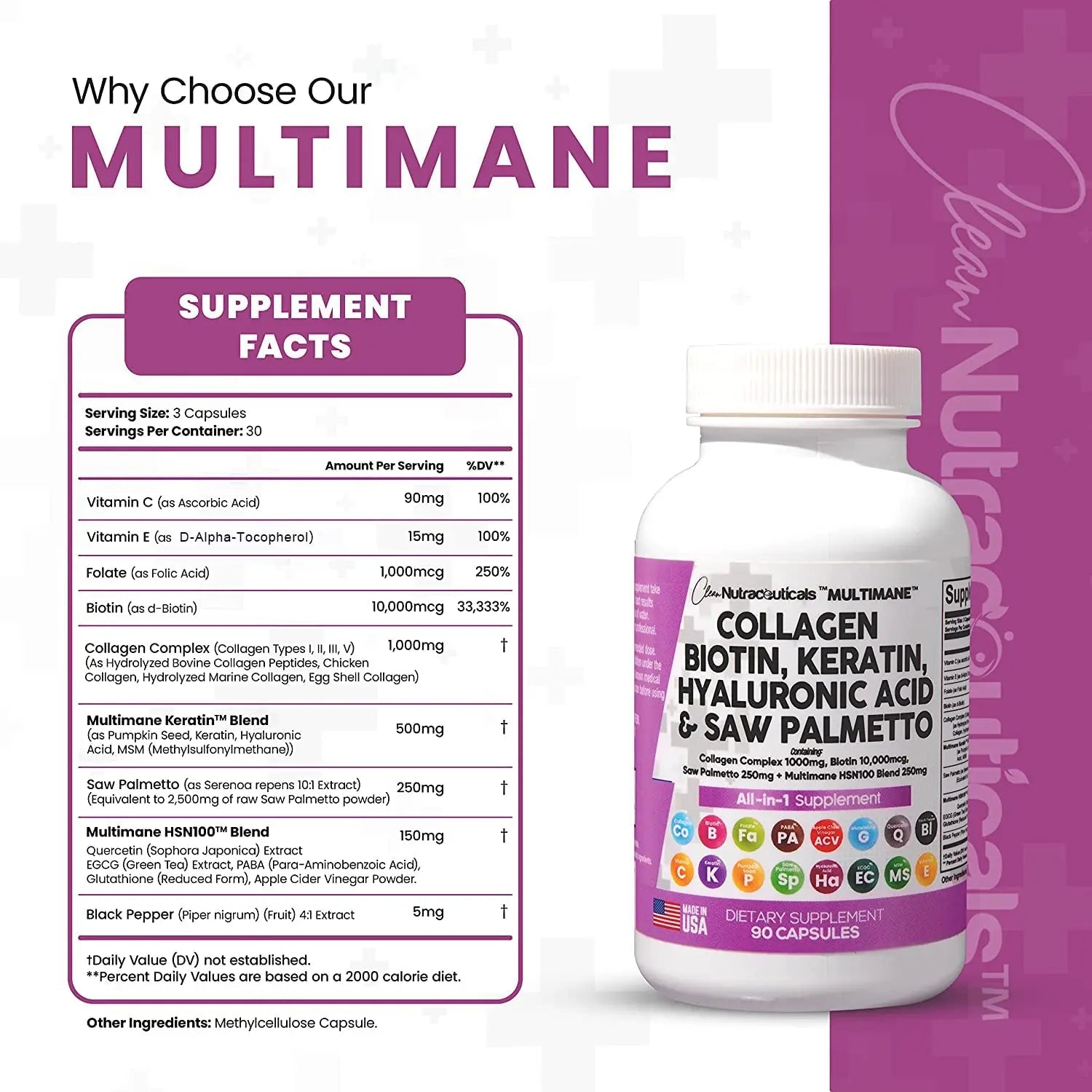 Collagen Pills 1000mg Biotin 10000mcg Keratin Saw Palmetto 2500mg 90 Ct - TrustMedUSA