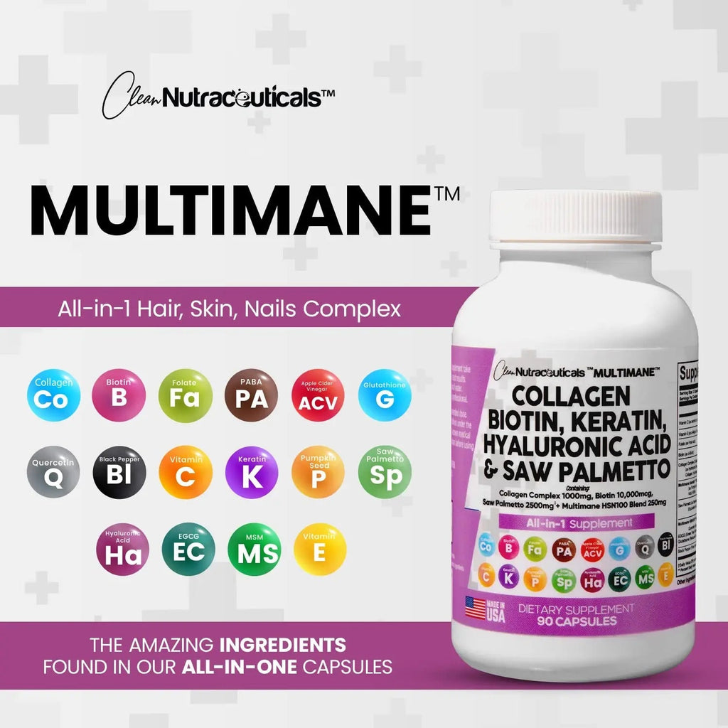 Collagen Pills 1000mg Biotin 10000mcg Keratin Saw Palmetto 2500mg 90 Ct - TrustMedUSA