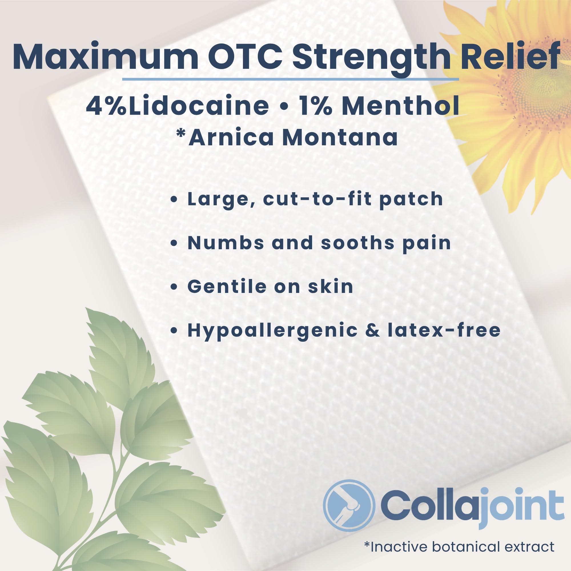 Collajoint Maximum-Strength Lidocaine 4% & Menthol 1% Hydrogel Pain Relief Patch with Arnica Montana Flower Extract-Temporary Numbing & Cooling Relief for Sore Muscles, Stiff Joints & Arthritis - TrustMedUSA