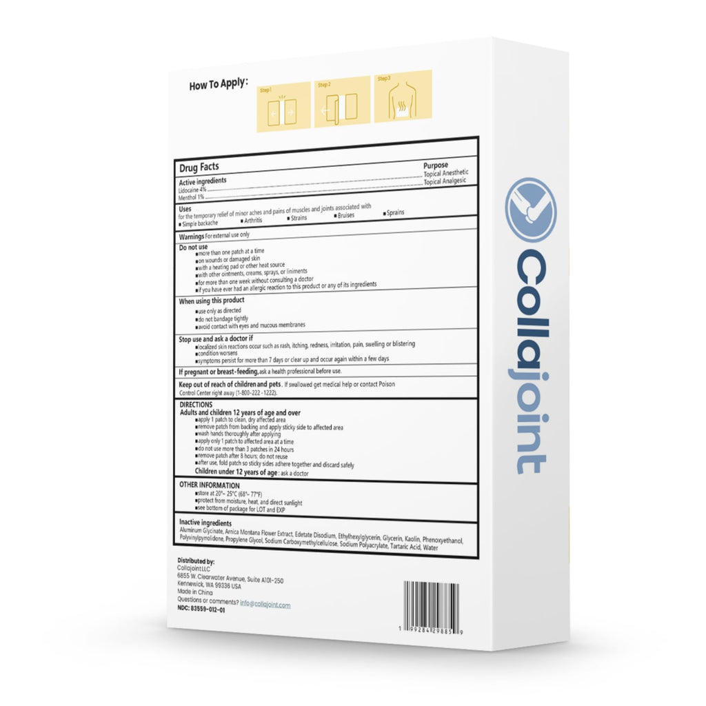 Collajoint Maximum-Strength Lidocaine 4% & Menthol 1% Hydrogel Pain Relief Patch with Arnica Montana Flower Extract-Temporary Numbing & Cooling Relief for Sore Muscles, Stiff Joints & Arthritis - TrustMedUSA
