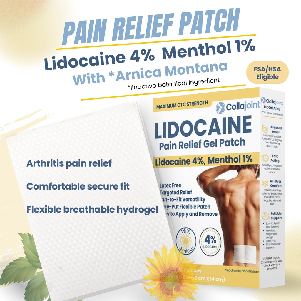 Collajoint Maximum-Strength Lidocaine 4% & Menthol 1% Hydrogel Pain Relief Patch with Arnica Montana Flower Extract-Temporary Numbing & Cooling Relief for Sore Muscles, Stiff Joints & Arthritis - TrustMedUSA