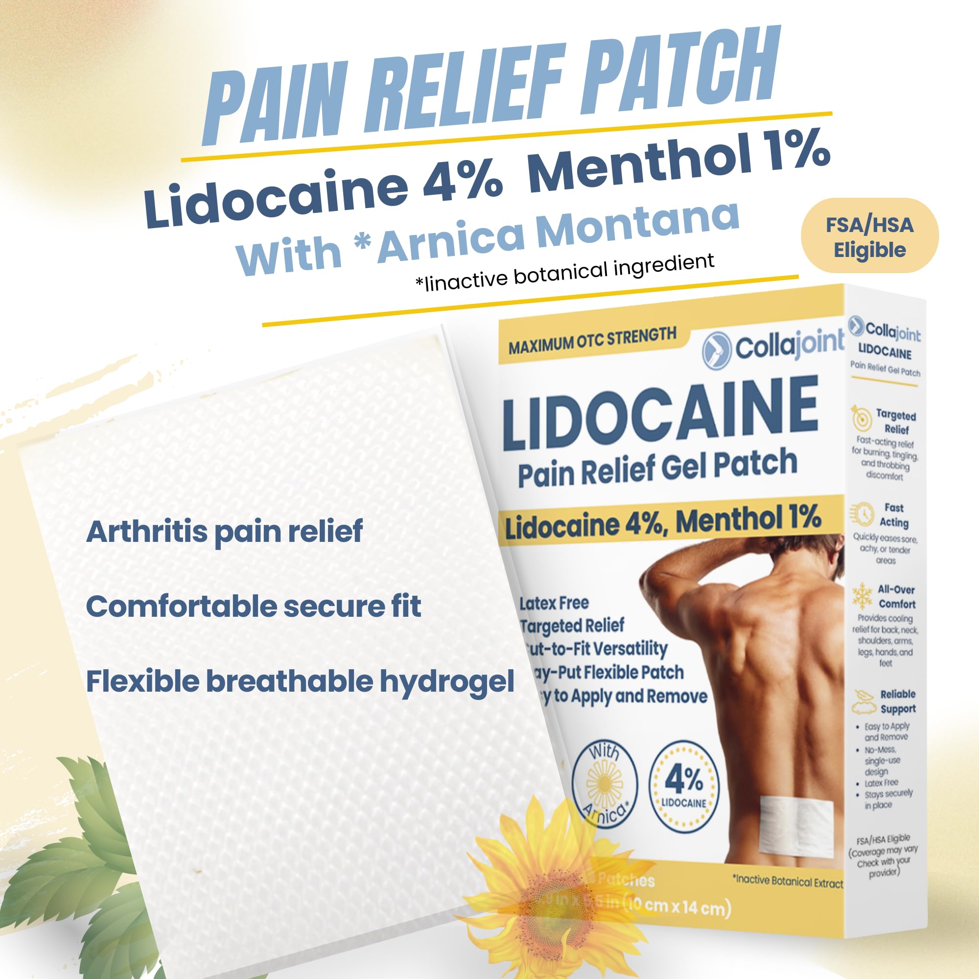 Collajoint Maximum-Strength Lidocaine 4% & Menthol 1% Hydrogel Pain Relief Patch with Arnica Montana Flower Extract-Temporary Numbing & Cooling Relief for Sore Muscles, Stiff Joints & Arthritis - TrustMedUSA