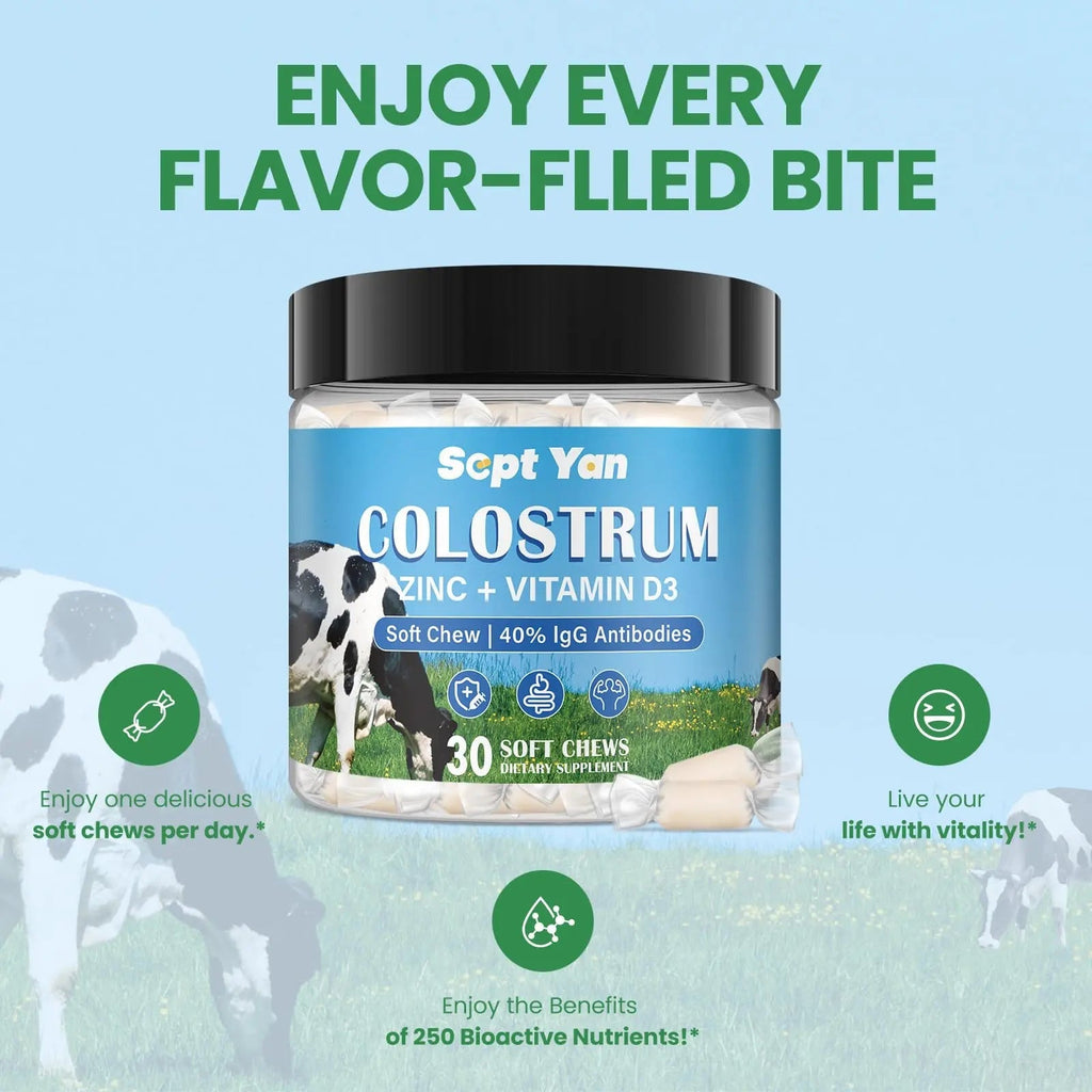 Colostrum Soft Chew Supplement (3000mg + 40% IgG), Concentrated Bovine Colostrum - TrustMedUSA