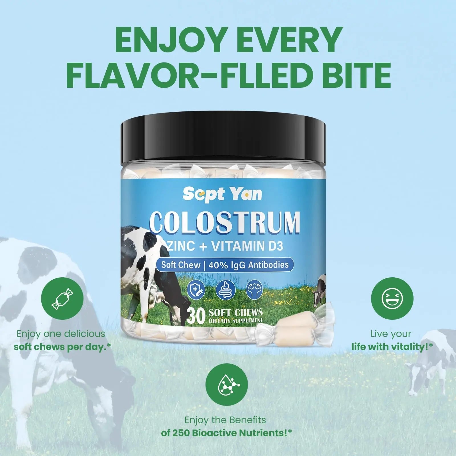 Colostrum Soft Chew Supplement (3000mg + 40% IgG), Concentrated Bovine Colostrum - TrustMedUSA