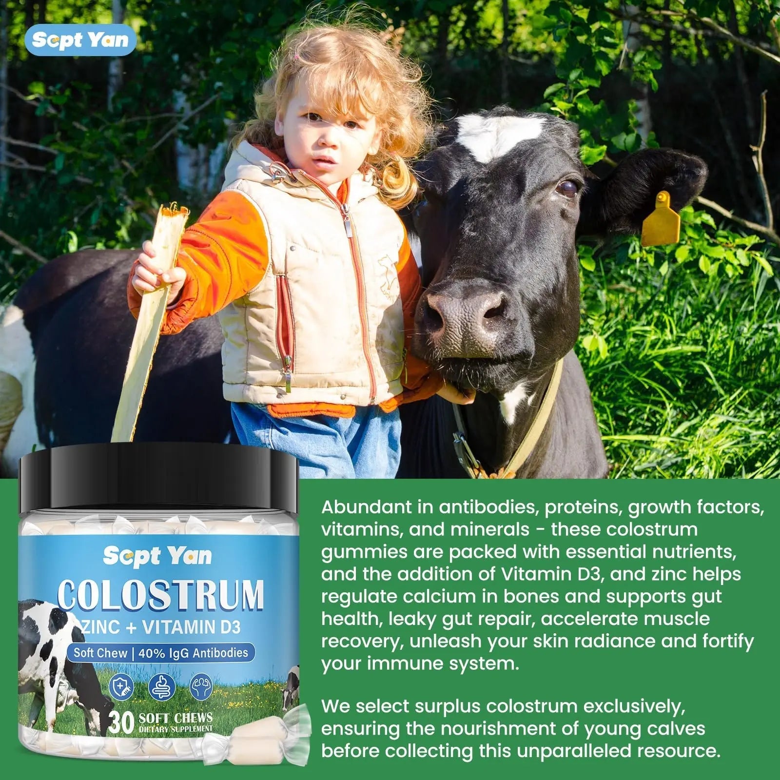 Colostrum Soft Chew Supplement (3000mg + 40% IgG), Concentrated Bovine Colostrum - TrustMedUSA