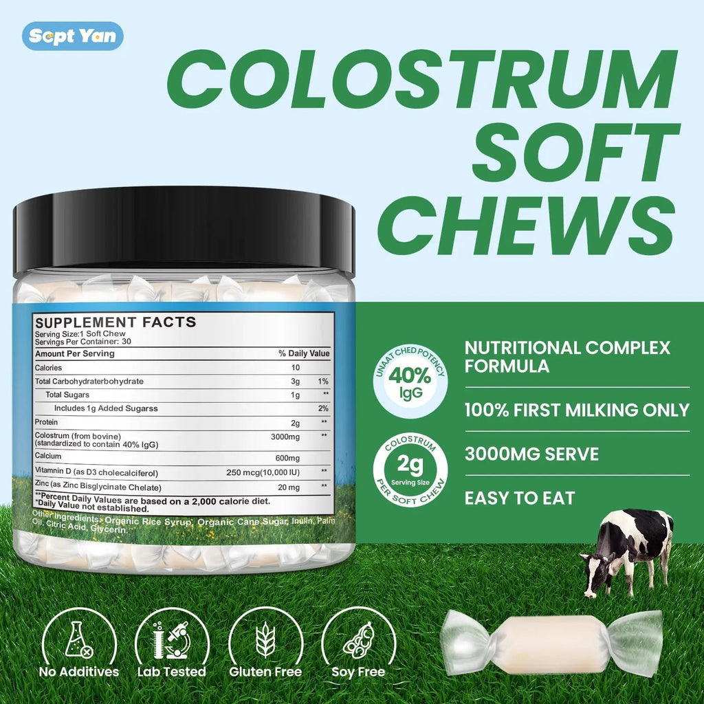 Colostrum Soft Chew Supplement (3000mg + 40% IgG), Concentrated Bovine Colostrum - TrustMedUSA