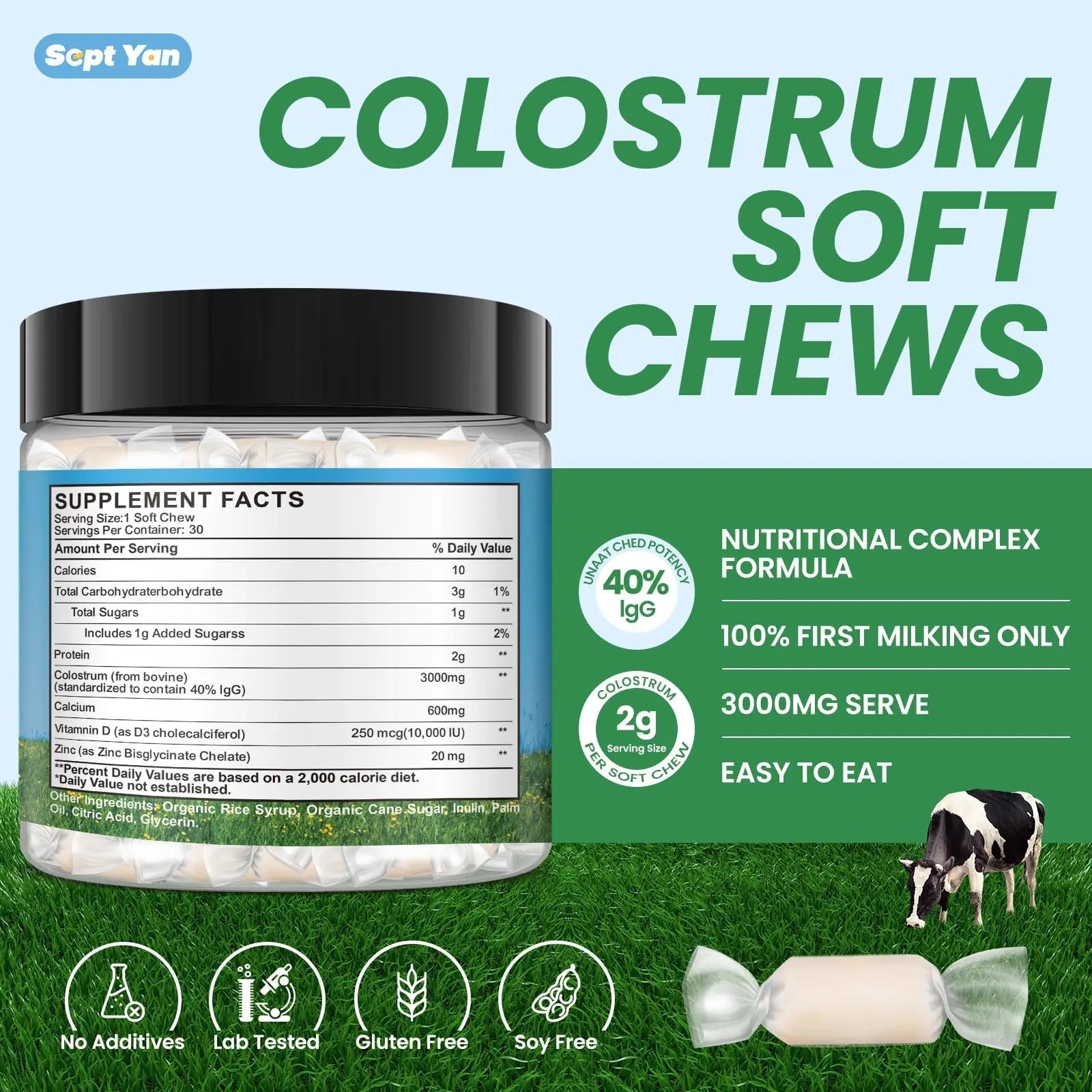 Colostrum Soft Chew Supplement (3000mg + 40% IgG), Concentrated Bovine Colostrum - TrustMedUSA