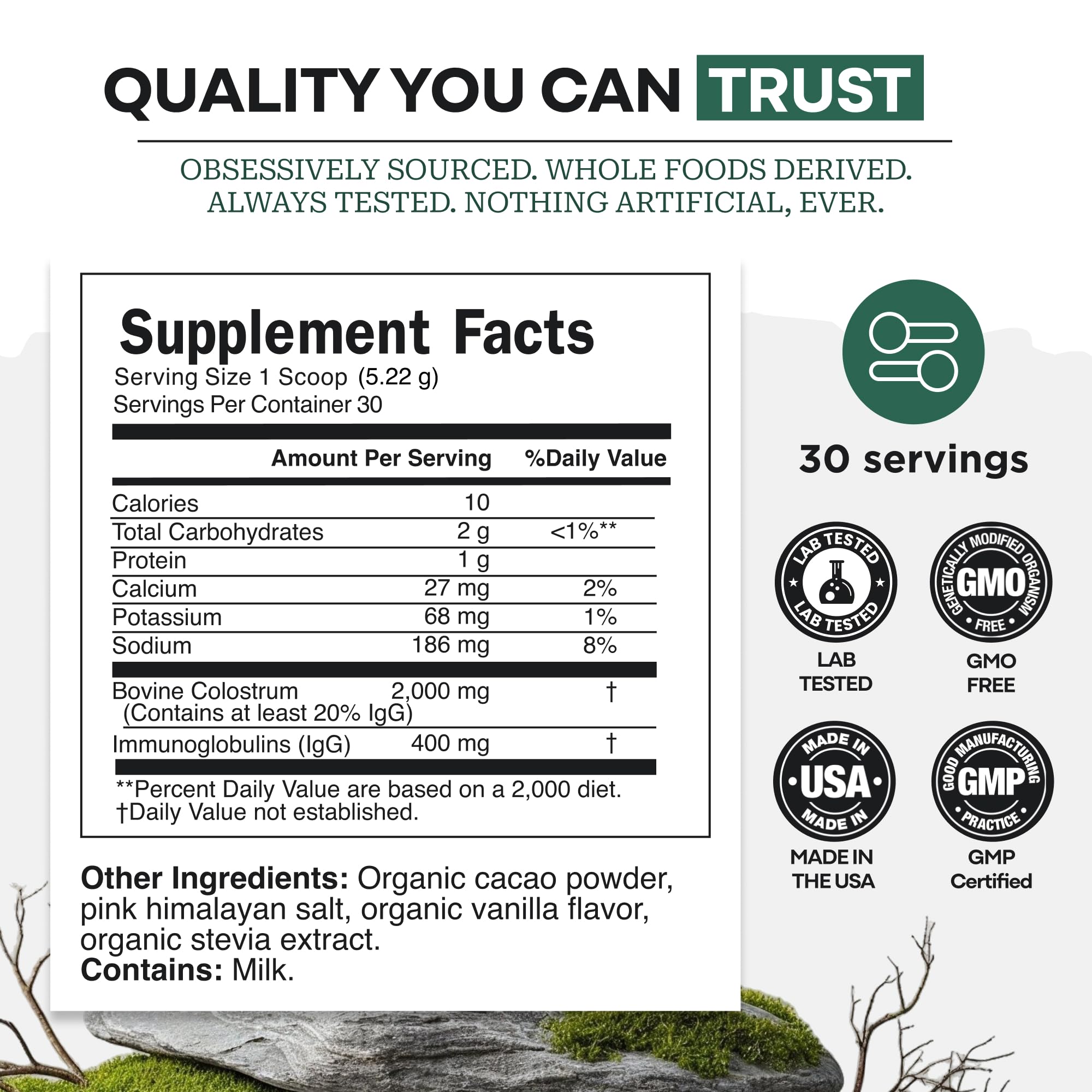 Colostrum Supplement - Grass Fed Pure Bovine Colostrum Powder - 2000mg & 400mg IgG (calostro bovino) - Gut, Immunity, Skin, Hair Support - Sugar Free, Natural Cacao Flavour, 30 Servings - TrustMedUSA