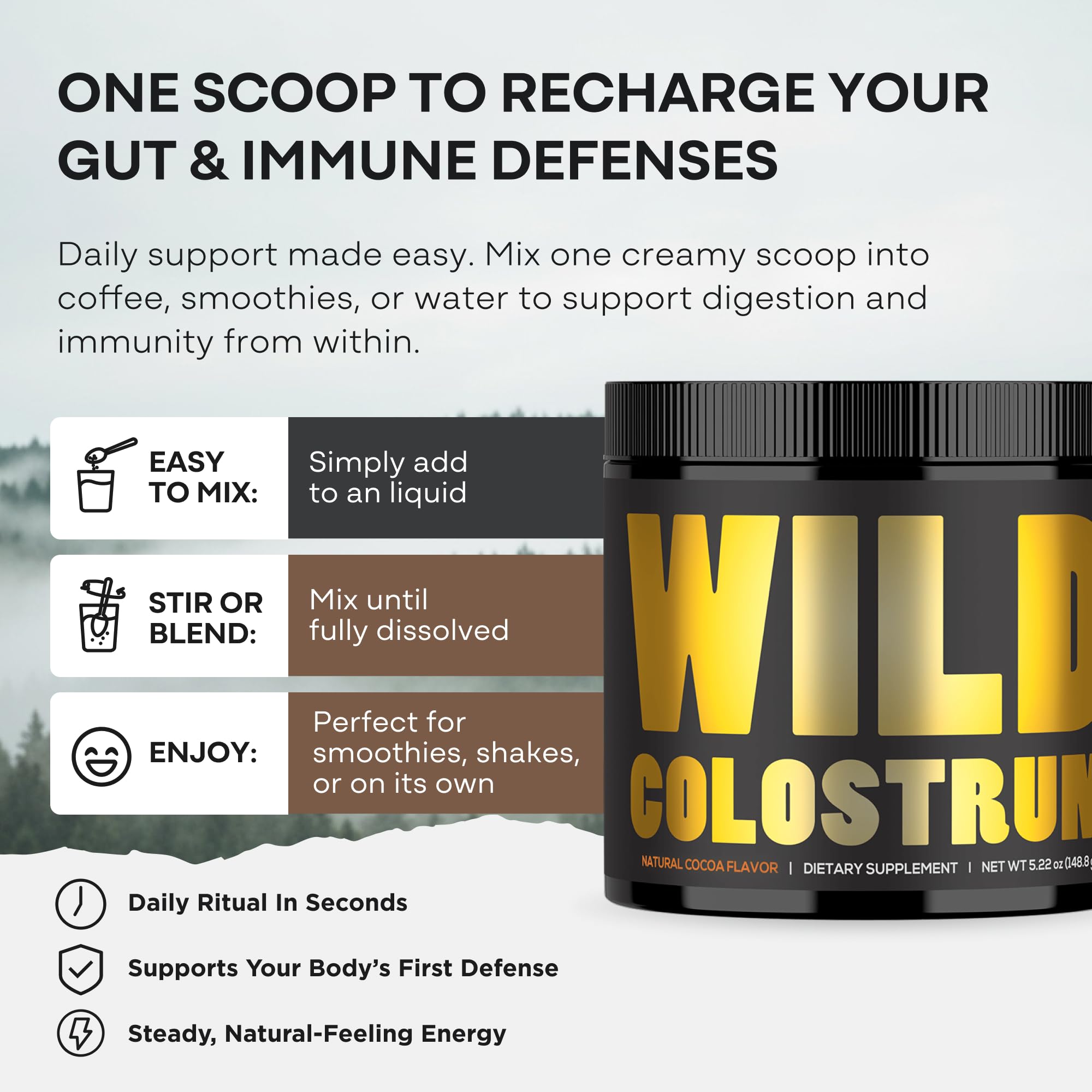 Colostrum Supplement - Grass Fed Pure Bovine Colostrum Powder - 2000mg & 400mg IgG (calostro bovino) - Gut, Immunity, Skin, Hair Support - Sugar Free, Natural Cacao Flavour, 30 Servings - TrustMedUSA
