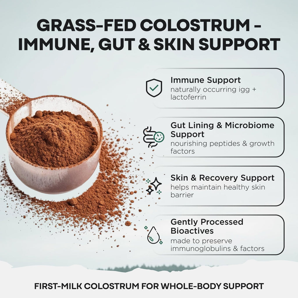 Colostrum Supplement - Grass Fed Pure Bovine Colostrum Powder - 2000mg & 400mg IgG (calostro bovino) - Gut, Immunity, Skin, Hair Support - Sugar Free, Natural Cacao Flavour, 30 Servings - TrustMedUSA