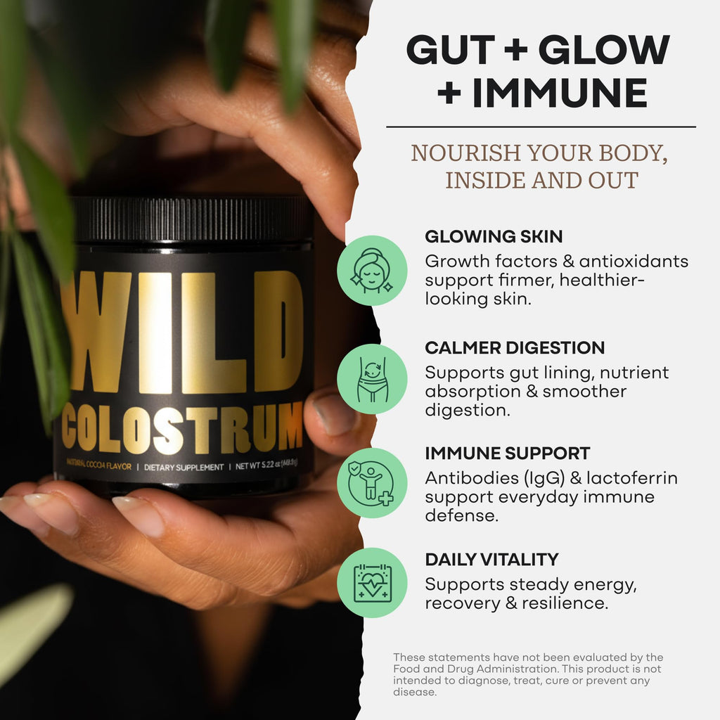Colostrum Supplement - Grass Fed Pure Bovine Colostrum Powder - 2000mg & 400mg IgG (calostro bovino) - Gut, Immunity, Skin, Hair Support - Sugar Free, Natural Cacao Flavour, 30 Servings - TrustMedUSA