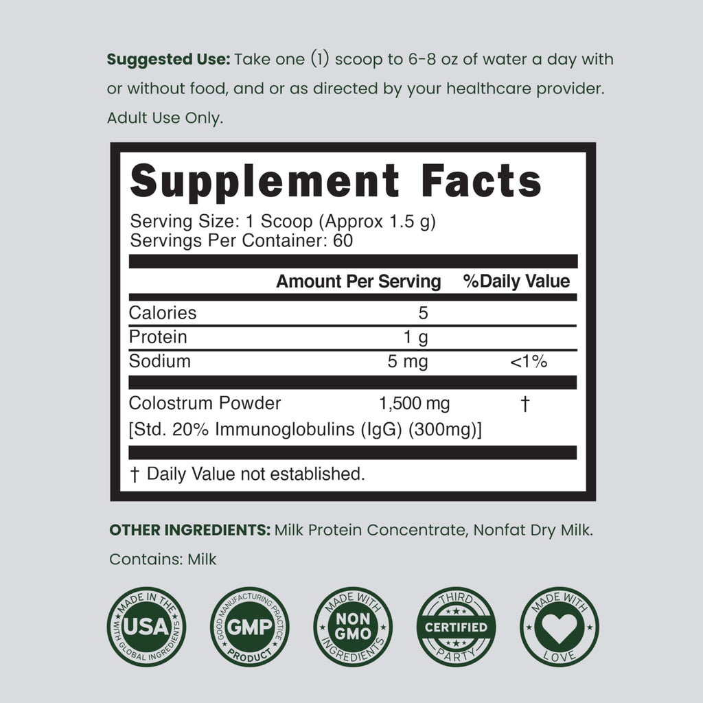 Colostrum Supplement Powder 90g (60 Servings of 1.5g Pure Bovine Colostrum Std. to Contain 20% IgG Immunoglobulins) Grass Fed Powder - No Fillers, Third Party Tested, Unflavored & Non-GMO - TrustMedUSA