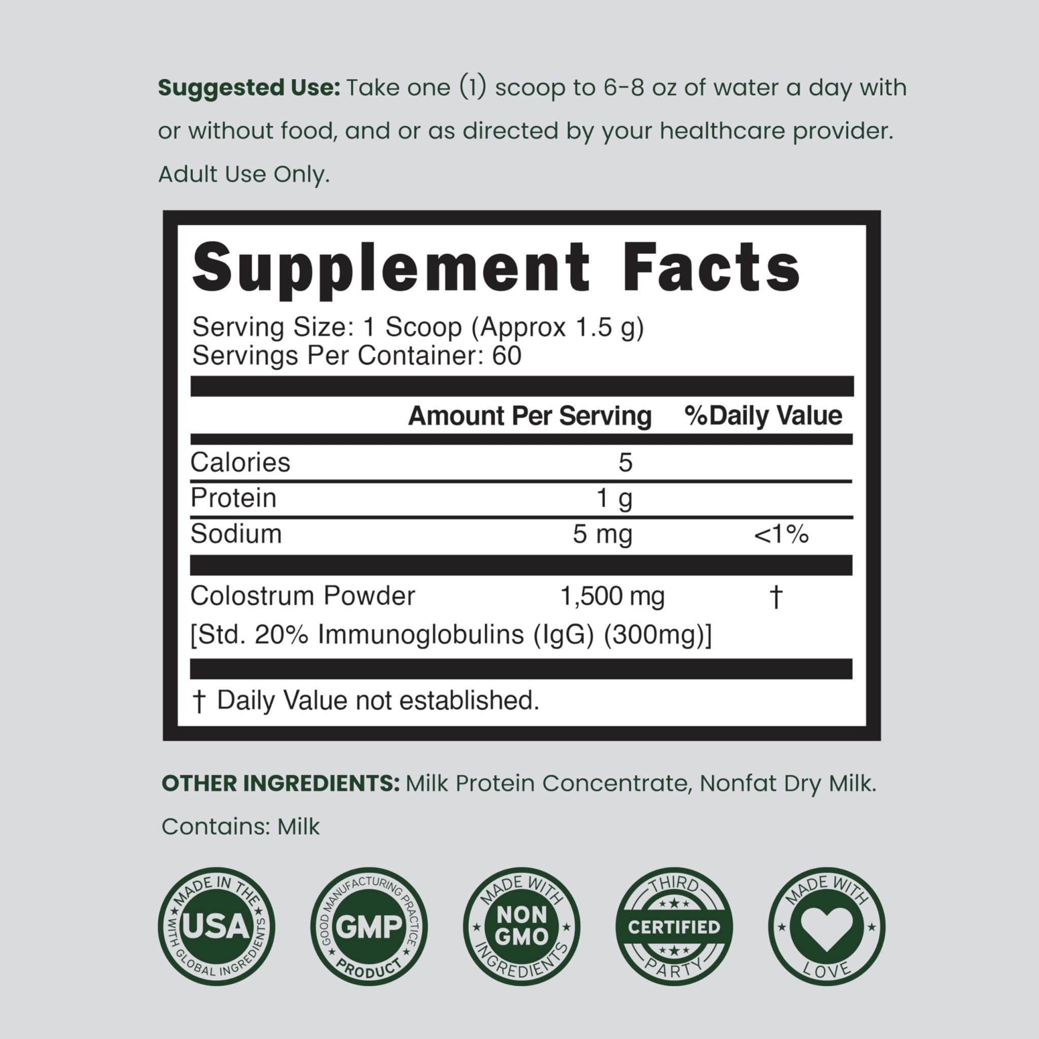 Colostrum Supplement Powder 90g (60 Servings of 1.5g Pure Bovine Colostrum Std. to Contain 20% IgG Immunoglobulins) Grass Fed Powder - No Fillers, Third Party Tested, Unflavored & Non-GMO - TrustMedUSA