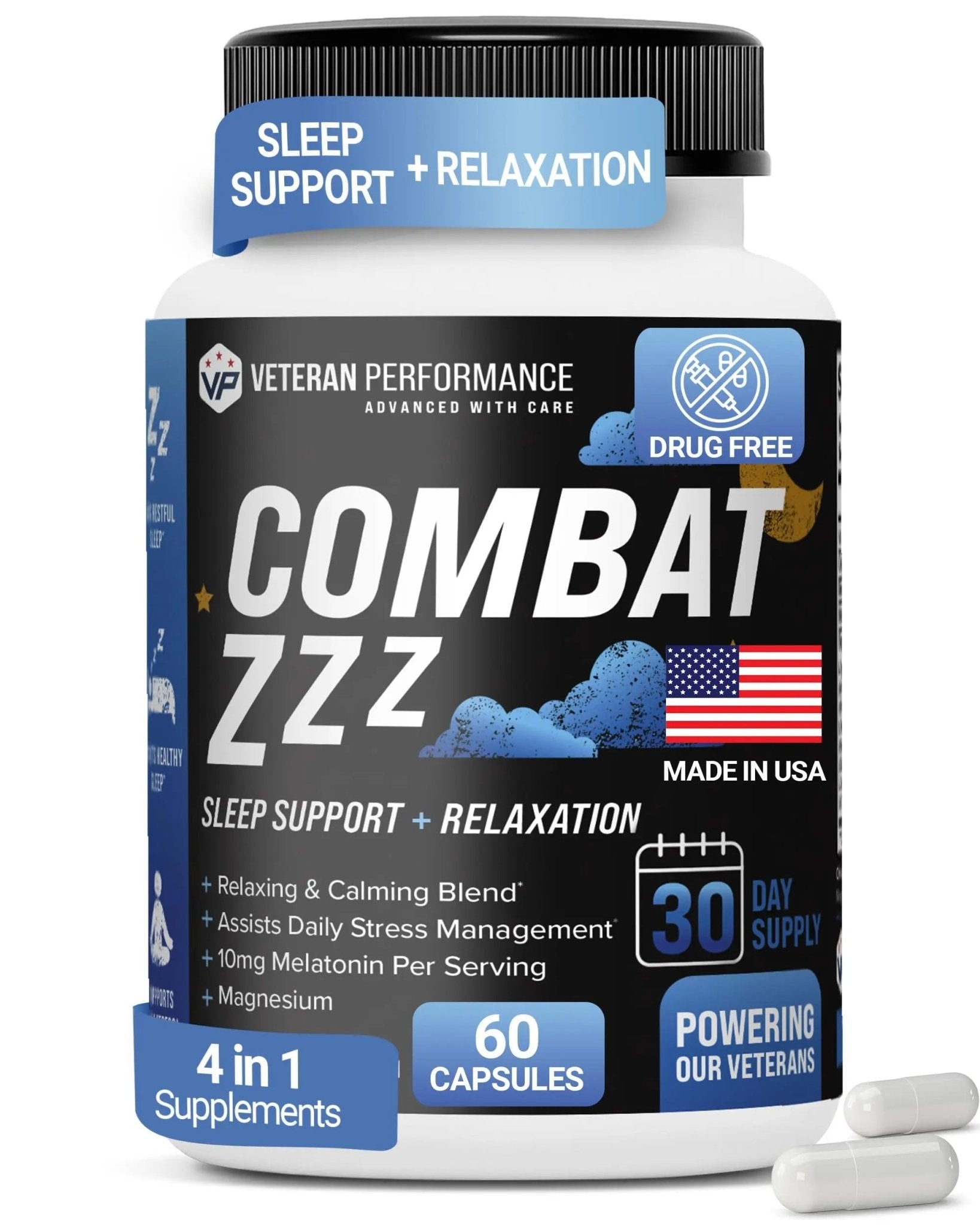 Combat ZZZ 4-in-1 Sleep Aid with Melatonin, Magnesium & L-Theanine – Non-Groggy Formula for Deep Sleep & Restful Recovery – Veteran-Founded, Made in USA (60 Capsules) | Sleep Aid for Adults - TrustMedUSA