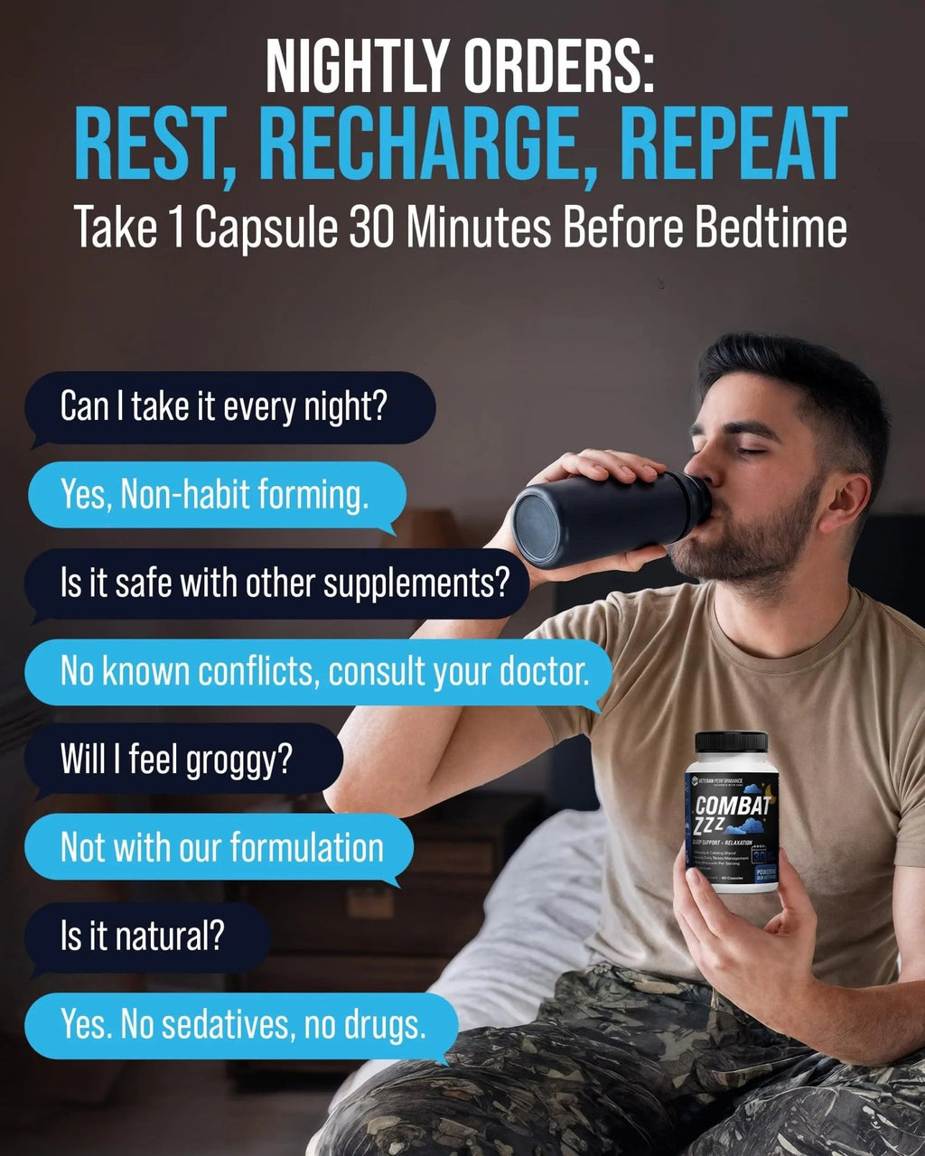 Combat ZZZ 4-in-1 Sleep Aid with Melatonin, Magnesium & L-Theanine – Non-Groggy Formula for Deep Sleep & Restful Recovery – Veteran-Founded, Made in USA (60 Capsules) | Sleep Aid for Adults - TrustMedUSA