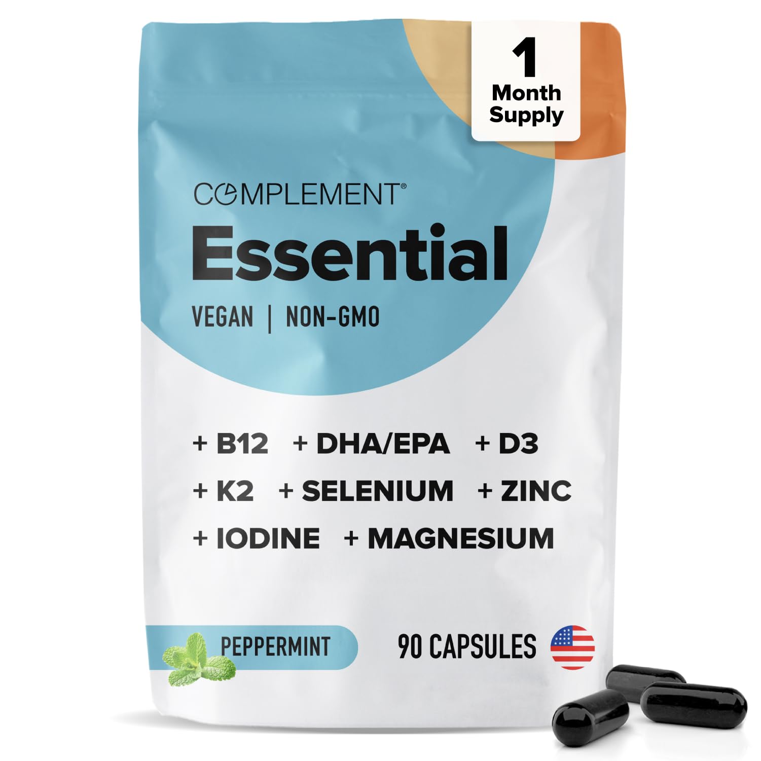Complement Essential Vegan Multivitamin for Men & Women (30 Servings, 90 Capsules) with Omega-3 DHA & EPA, B12, Vitamin D3 & K2, Zinc, Selenium, Magnesium, Iodine - Supports Immunity & Overall Health - TrustMedUSA