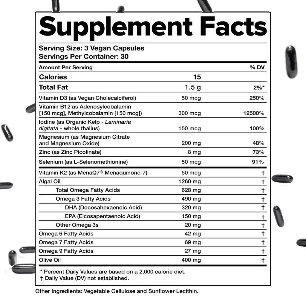 Complement Essential Vegan Multivitamin for Men & Women (30 Servings, 90 Capsules) with Omega-3 DHA & EPA, B12, Vitamin D3 & K2, Zinc, Selenium, Magnesium, Iodine - Supports Immunity & Overall Health - TrustMedUSA