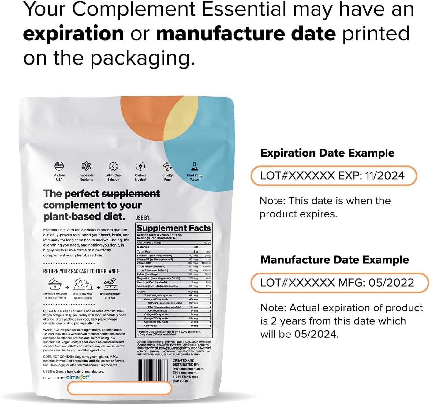 Complement Essential Vegan Multivitamin for Men & Women (30 Servings, 90 Capsules) with Omega-3 DHA & EPA, B12, Vitamin D3 & K2, Zinc, Selenium, Magnesium, Iodine - Supports Immunity & Overall Health - TrustMedUSA