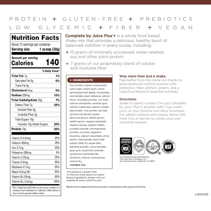 Complete by JuicePlus+ Dutch Chocolate Shakes - Plant-Based Nutrition - Whole Food Based Shake Powder with Protein, Fiber & Prebiotics - 30 Servings (2 Pouches, 15 Servings Each) - Maple Wellness Supplements