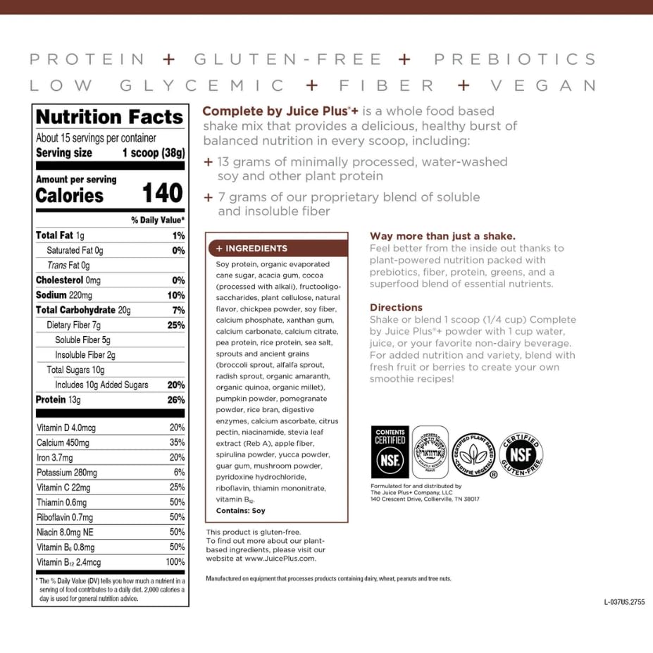 Complete by JuicePlus+ Dutch Chocolate Shakes - Plant-Based Nutrition - Whole Food Based Shake Powder with Protein, Fiber & Prebiotics - 30 Servings (2 Pouches, 15 Servings Each) - TrustMedUSA
