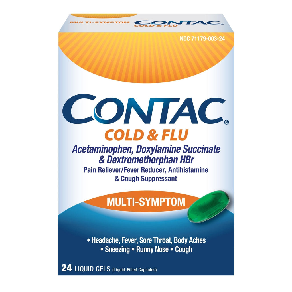 Contac Cold & Flu Medicine, Powerful, Multi-Symptom Relief for Pain, Fever, Sore Throat, Body Aches, Sneezing, Runny Nose & Cough, 24 Count Liquid Gels - Maple Wellness Supplements