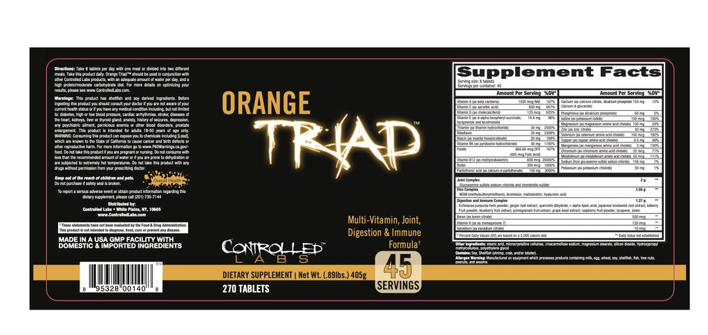 CONTROLLED LABS Orange Triad Daily Multivitamin, Iron Free Sports Supplement for Workout, Digestion, Immune, and Joints, 45 serv - Tablets (270 Count (Pack of 1)) - TrustMedUSA