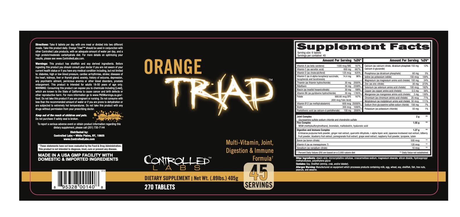 CONTROLLED LABS Orange Triad Daily Multivitamin, Iron Free Sports Supplement for Workout, Digestion, Immune, and Joints, 45 serv - Tablets (270 Count (Pack of 1)) - TrustMedUSA