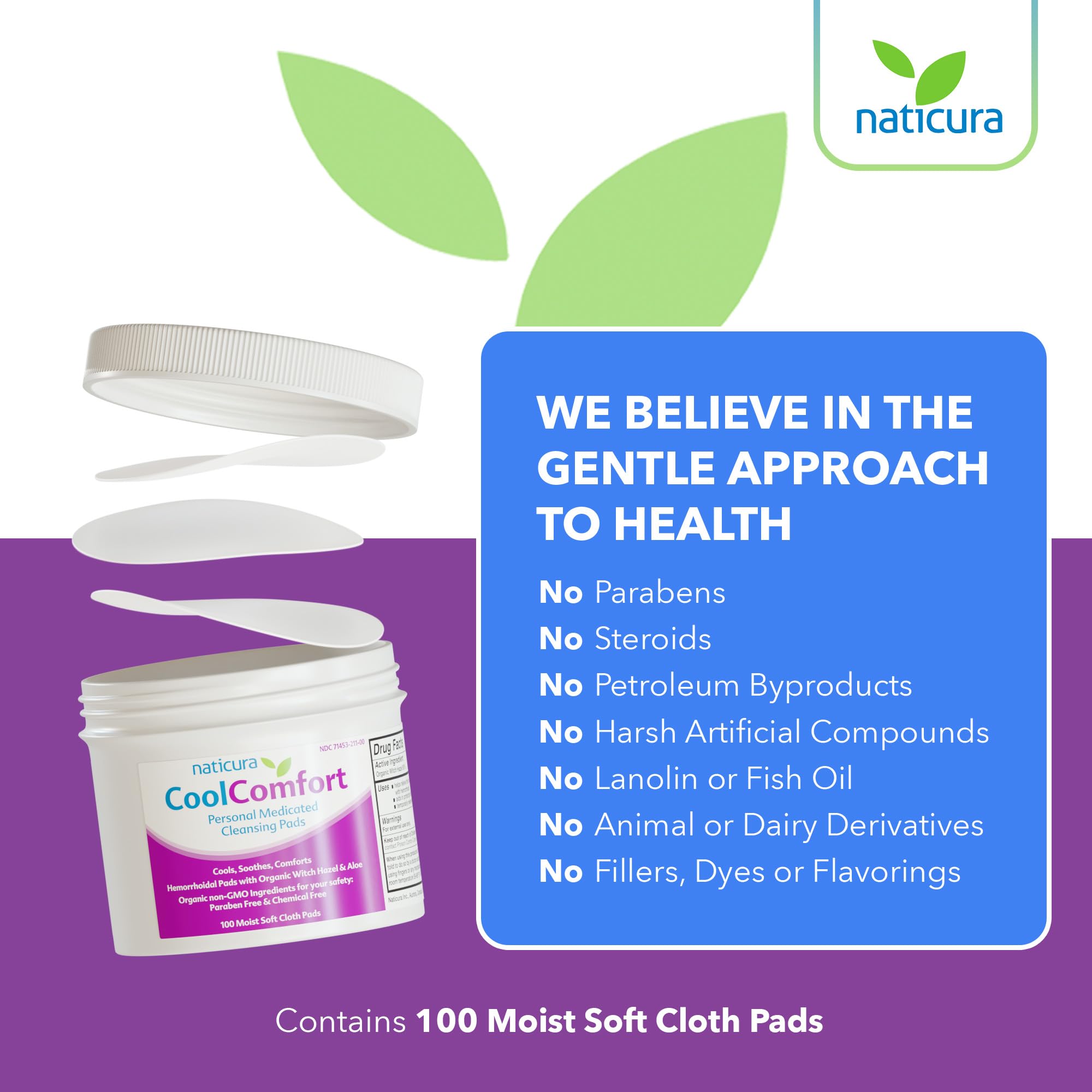 CoolComfort Personal Cleansing Pads with Organic Witch Hazel and Aloe Vera - All Natural and Fast Acting Wipes for Hemorrhoid Burning, Itching, Pain and Swelling - 100 Pads - No Parabens - Made in USA - TrustMedUSA