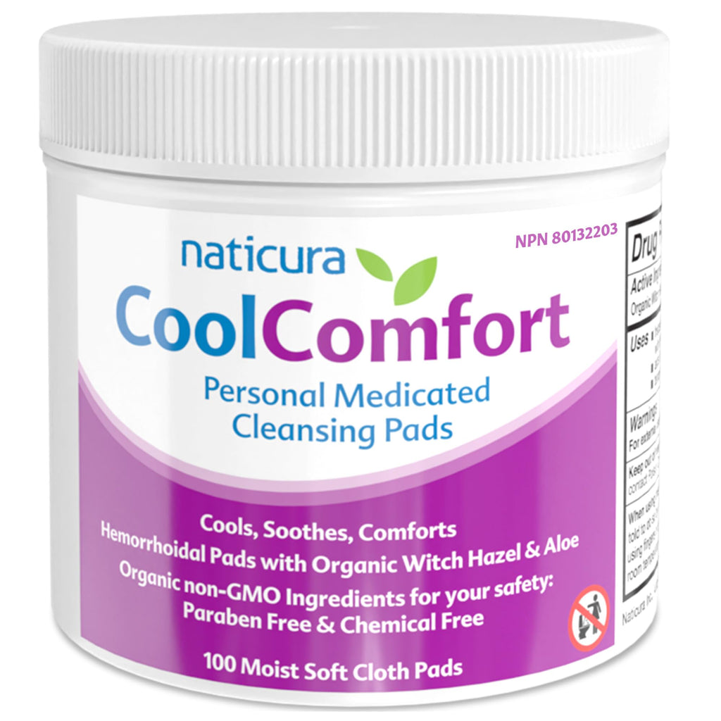 CoolComfort Personal Cleansing Pads with Organic Witch Hazel and Aloe Vera - All Natural and Fast Acting Wipes for Hemorrhoid Burning, Itching, Pain and Swelling - 100 Pads - No Parabens - Made in USA - TrustMedUSA