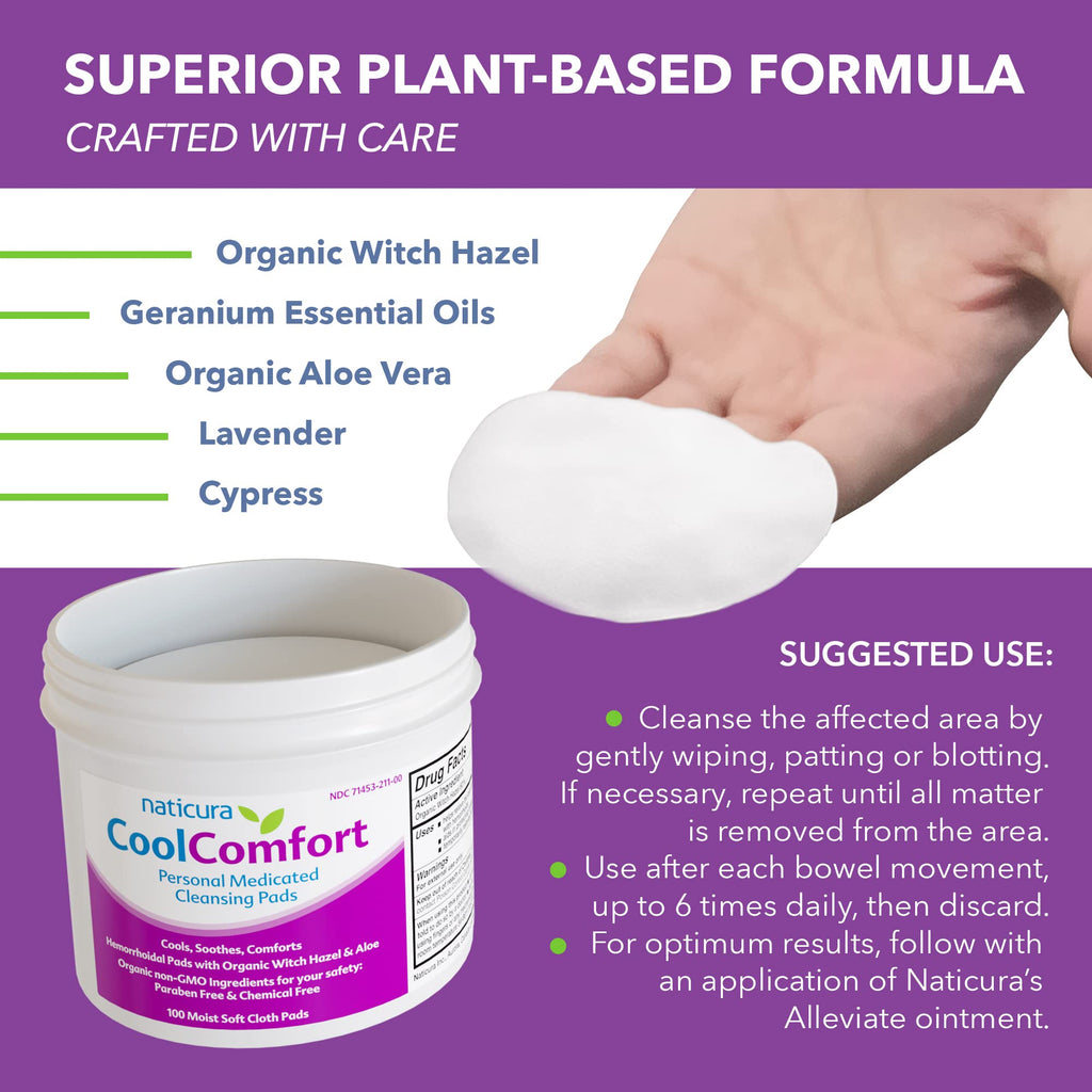 CoolComfort Personal Cleansing Pads with Organic Witch Hazel and Aloe Vera - All Natural and Fast Acting Wipes for Hemorrhoid Burning, Itching, Pain and Swelling - 100 Pads - No Parabens - Made in USA - TrustMedUSA