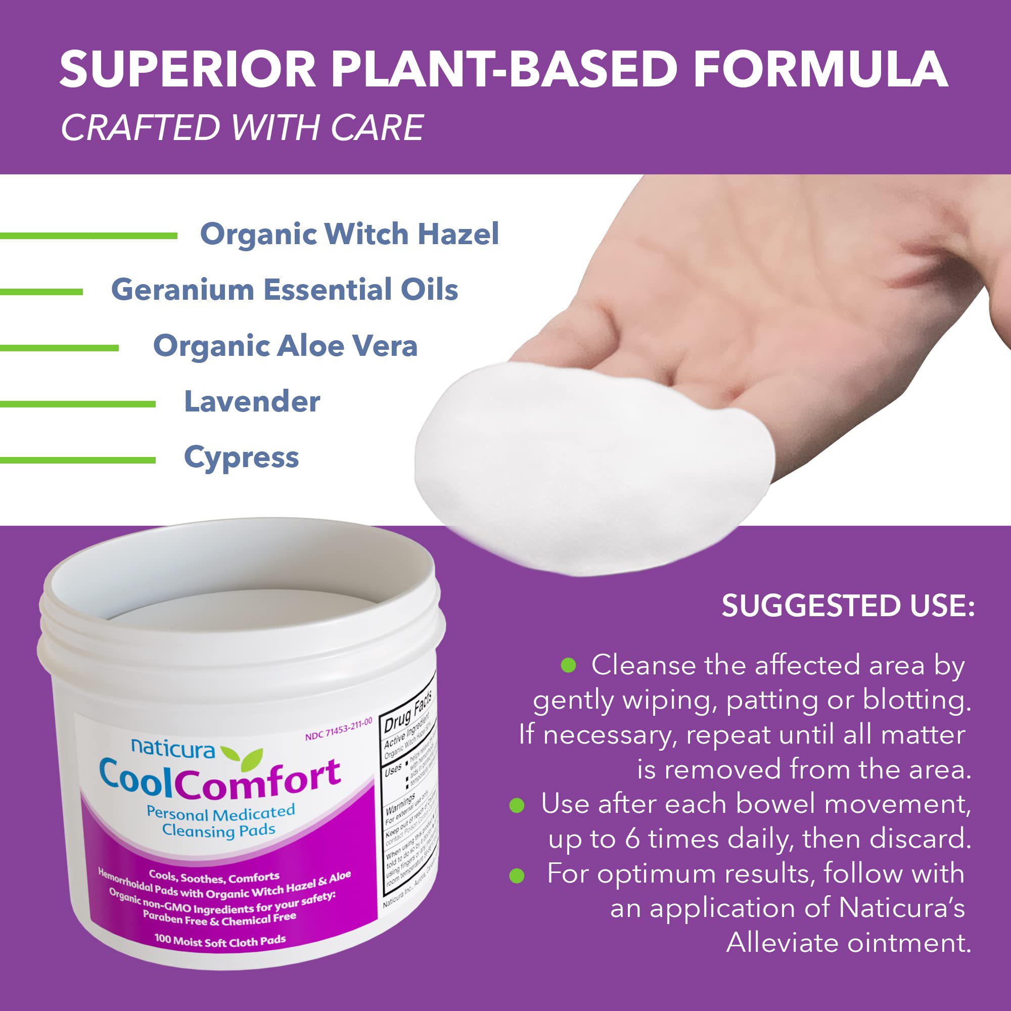 CoolComfort Personal Cleansing Pads with Organic Witch Hazel and Aloe Vera - All Natural and Fast Acting Wipes for Hemorrhoid Burning, Itching, Pain and Swelling - 100 Pads - No Parabens - Made in USA - TrustMedUSA