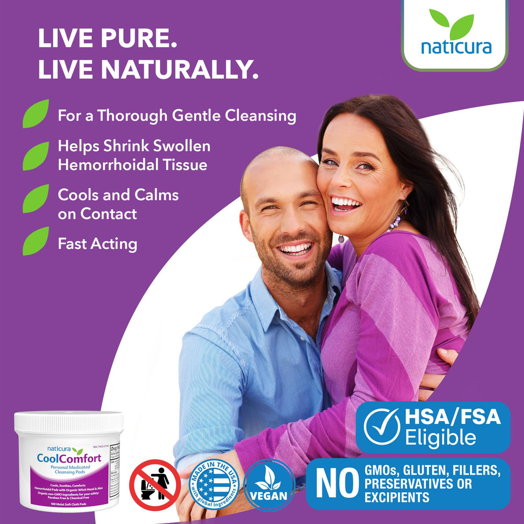 CoolComfort Personal Cleansing Pads with Organic Witch Hazel and Aloe Vera - All Natural and Fast Acting Wipes for Hemorrhoid Burning, Itching, Pain and Swelling - 100 Pads - No Parabens - Made in USA - TrustMedUSA